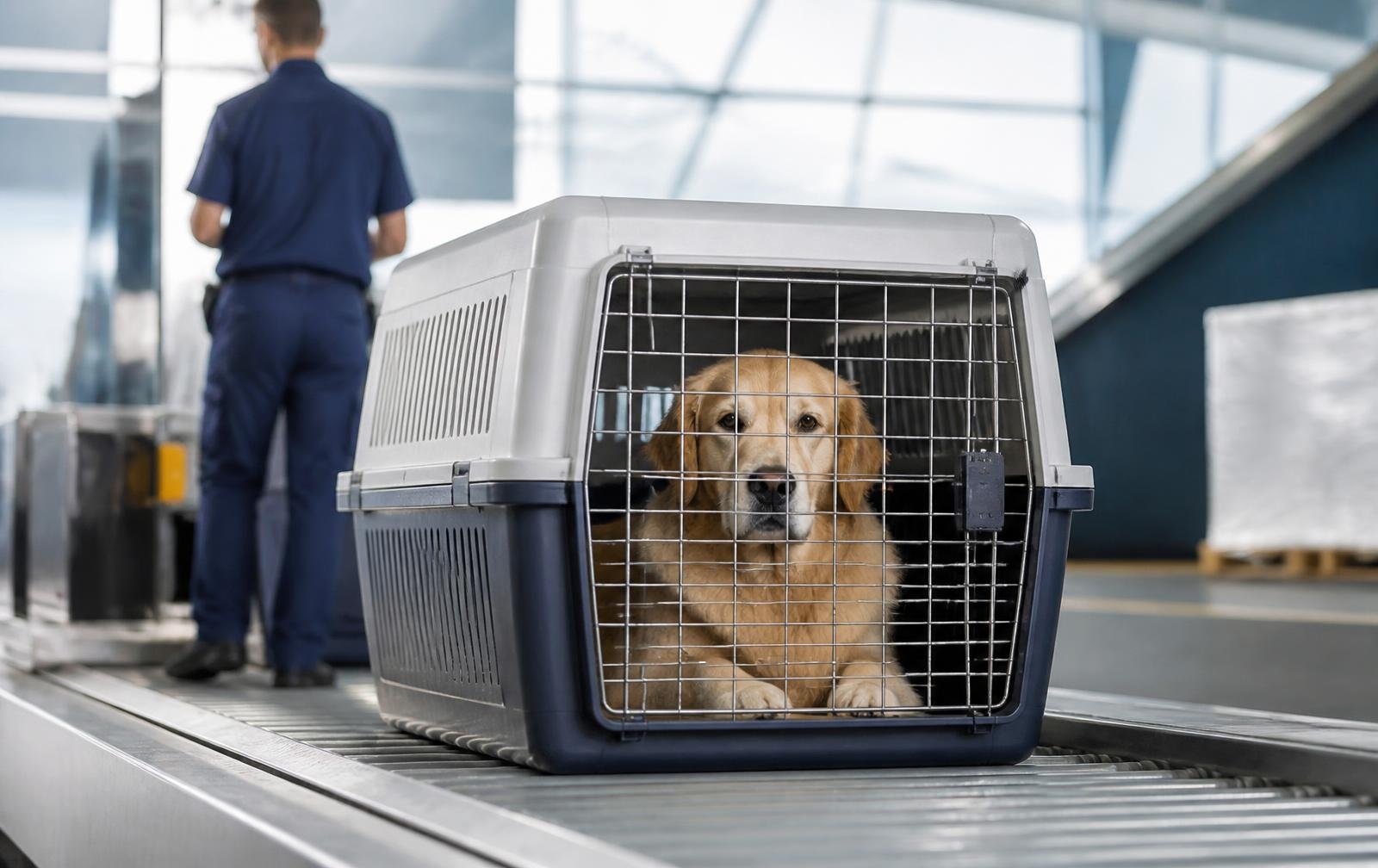 Dog resting in an airline-approved travel crate at a cargo terminal
