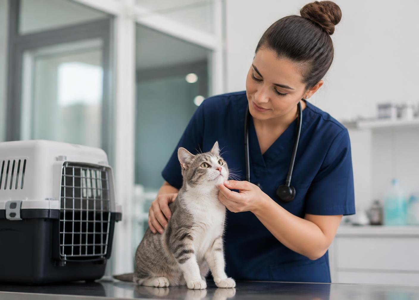 Veterinarian examining a cat before relocation